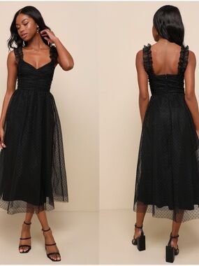 LULU'S Forever Celebrated Black Swiss Dot Ruched Tulle Midi Dress